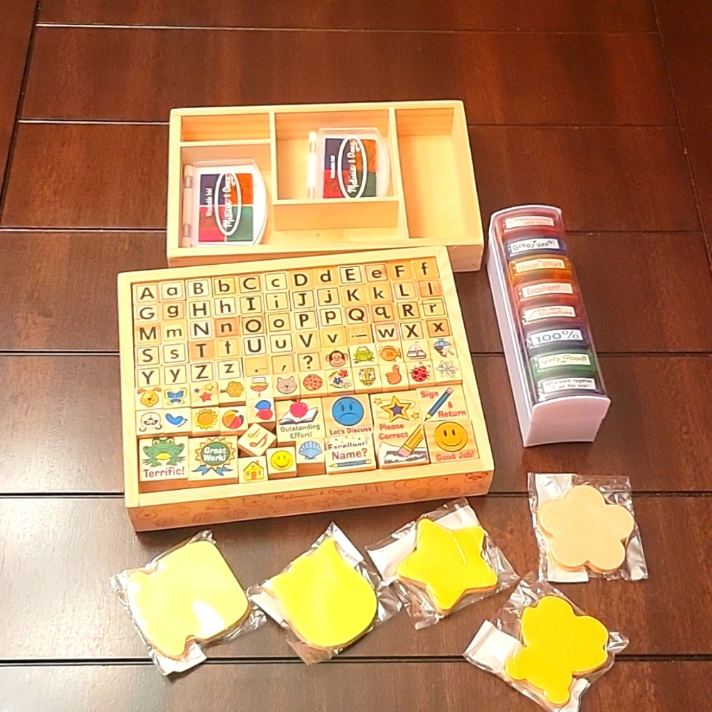 Teacher- kid wooden Stamp set, with new in wrapper stamps & sticky notes.